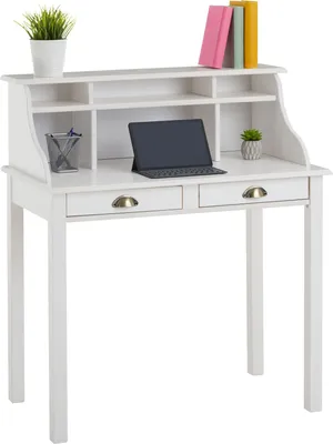 Produktbild von Sekretär MARLENE, schöner Schreibsekretär mit 2 Schubladen, praktischer Schreibtisch mit 6 Fächer, zeitloser Konsolentisch aus Kiefer massiv in weiß
