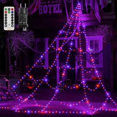 Obrázok produktu pre 455 LED, Halloween, sieť pavúkov, 5 metrov, vianočná svetelná reťať s časovačom, 8 režimov, stmívateľná LED sieť, vodotesnosť IP67