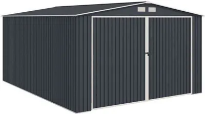 A dark gray metal garage shed with double doors and two small vents on the roof.