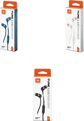 Three boxes of JBL T110 earphones in different colors.