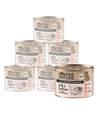 Produktbild von Dehner Fine Nature Katzenfutter, Nassfutter getreidefrei, für ausgewachsene Katzen, Kalb / Truthahn, 6 x 200 g Dose (1.2 kg)