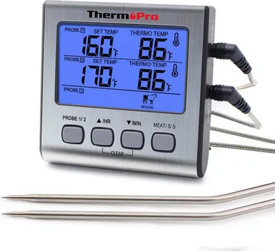 A digital kitchen thermometer with two probes, displayed against a white background.
