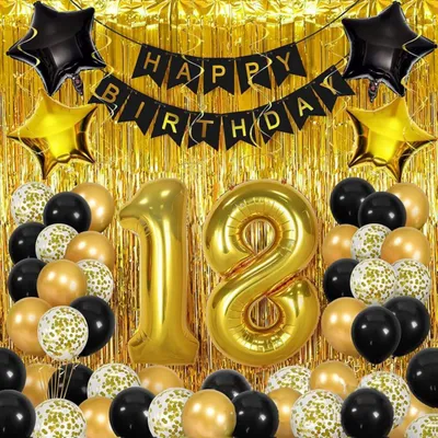 Immagine prodotto di Set di decorazioni - Palloncini - 18° compleanno - Oro e nero - Tenda - Parete - Festa - XL