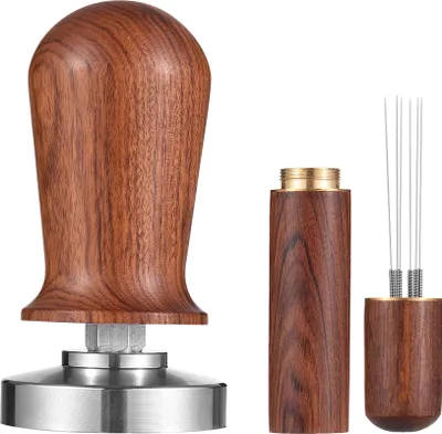 Obrázek produktu pro sada tamperu a míchadla na espresso 58 mm, kalibrovaný tamper na kávu s pružinovým tělem z hliníkové slitiny, plochá základna z nerezové oceli 304, baristický lis s dřevěnou rukojetí pro sítko 58 mm