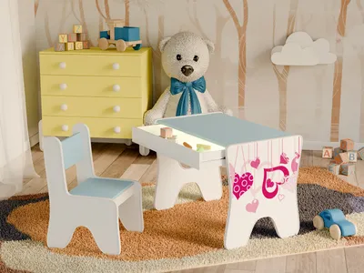 Obrázok produktu pre Happy Babies - Detský písací stôl a stolička, ergonomický hrací stôl s priestrannou zásuvkou - Detský stôl na učenie a hranie - Detský nábytok, srdce