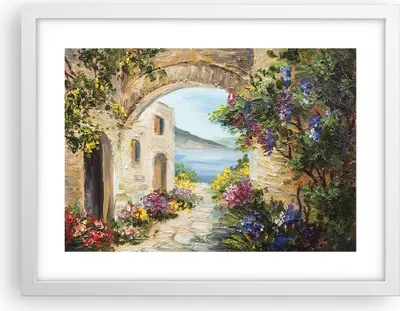 Produktbild von Gerahmtes Poster - Weißer Rahmen - Haus Santorini Blumen - 40x30 cm - Wand Bild - Wanddeko - Wandbilder - Kunstposter - Wandposter - Bilderrahmen - Bilder - Kunstdruck - Wandbild - P2WAA40x30-4191