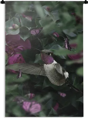 Produktbild von MuchoWow® Wandteppich Wandbehang Kolibri - Lila - Rosen 120x180 cm Tapisserie Dekoration Wandtuch - Schlafzimmer - Dekorationen für das Haus