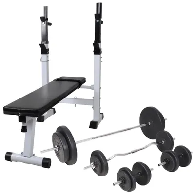 Productafbeelding van Een verstevigingsbank met een gewichtshouder en een set dumbbells van 90 kg