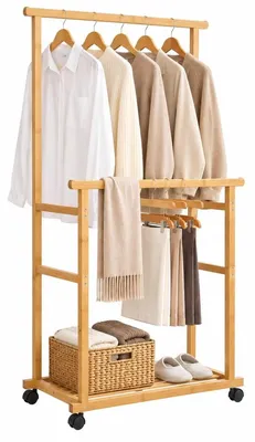 Zdjęcie produktu dla Wieszak na ubrania - Bambus - 80 x 40 x 160 cm - Podwójny drążek - Na kółkach