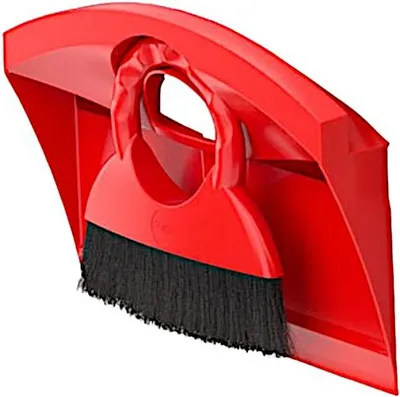 A red dustpan and brush set is shown against a white background.