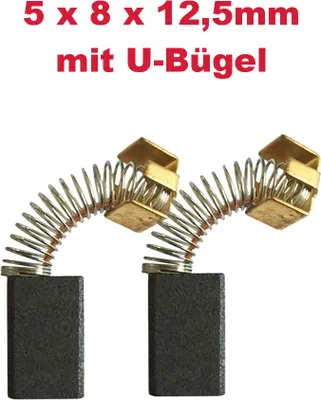 Two carbon brushes with springs and metal holders, with text above indicating dimensions and type.