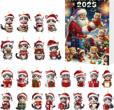Produktbild von Katzen-Adventskalender 2025, 2D-Acryl, süße Katzenornamente, 24 Tage Weihnachts-Countdown-Kalender, Weihnachtsbaum-Hängedekoration für Katzenliebhaber