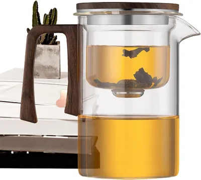 Produktbild von Teekanne aus klarem Glas mit Sieb und Holzgriff zum Aufbrühen, Filtern und Ausgießen