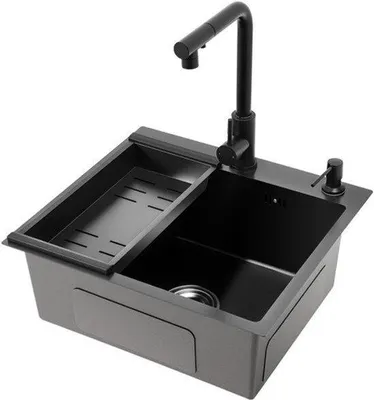 Imagen del producto de Fregadero de cocina negro, de un solo seno, 50x45 cm, de acero inoxidable. Incluye grifo
