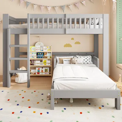 Produktbild von Merax Modulares Etagenbett Kinderbett 90x200cm mit Lattenrost, Hochbett + Einzelbett, frei kombinierbar, Absturzsicherung, Massivholz, Grau