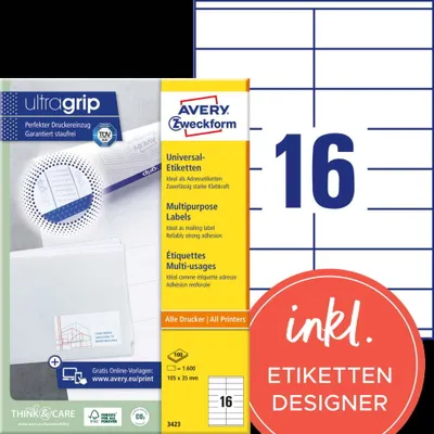 Obrázok produktu pre Avery Zweckform 1.600 etikiet 3423 biela - etikety/etiketovacie pásky - A4