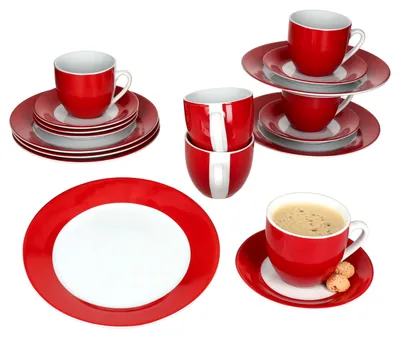 Produktbild von 18tlg Kaffeeservice Variant Rot Porzellan 6 Personen Tassen Untertassen Teller