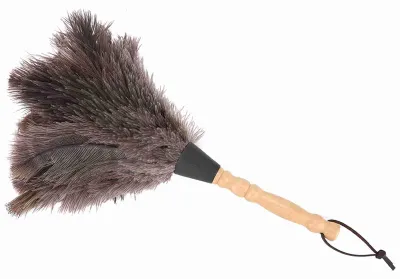 Image de Plumeau avec de longues plumes d'autruche, doté d'un manche en bois, idéal pour un dépoussiérage délicat