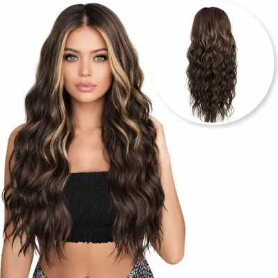 Produktbild von SassyGoods® Luxus Perücke Braun Lace Wig mit Highlights - Damenperücken Langhaar - Haarteil - Braune Perücke - 65 cm