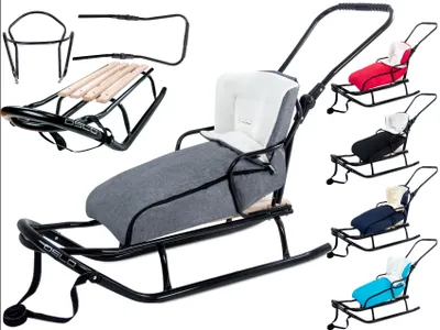 Immagine prodotto di GagaDumi Oslo slitta in metallo con schienale con cinture di sicurezza Barra di spinta e pedana Slitta per bambini Slittino ideale per bambini e adulti