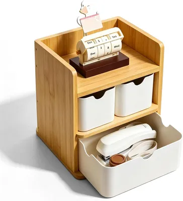 Image de Boîte de rangement 14x20x19 cm, avec 3 tiroirs, en fibres de bambou, idéale pour organiser votre bureau