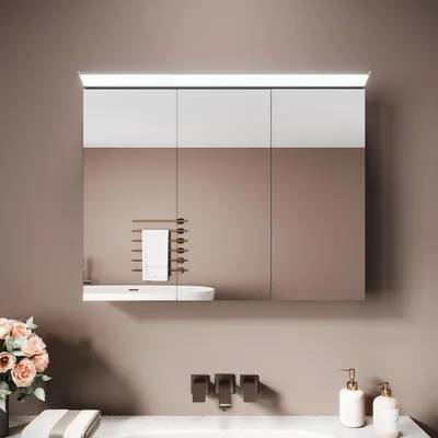 Image de Sonni Armoire à glace en inox à trois portes 52 x 65 x 12 cm Argent-blanc Avec éclairage du miroir Facile à nettoyer