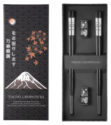 Produktbild von Wiederverwendbare Essstäbchen 2 Paar Titan Edelstahl Mit Halter Spülmaschinenfest Schwarz