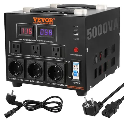 Immagine prodotto di VEVOR 5000W convertitore di tensione Trasformatore AC 110V⇋220V Trasformatore convertitore 3x US NEMA 5-15R 3-pin / 3x European Shucko prese di uscita, 1x 5V connessione USB e 1x presa di tipo C