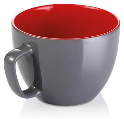A close-up studio shot of a large gray mug with a red interior.
