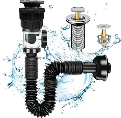 Produktbild von Ablaufset für Waschbecken – Waschbecken-Siphon-Set mit Ablaufgarnitur – Erweiterbar mit PVC-Rohr von 295 bis 985 mm