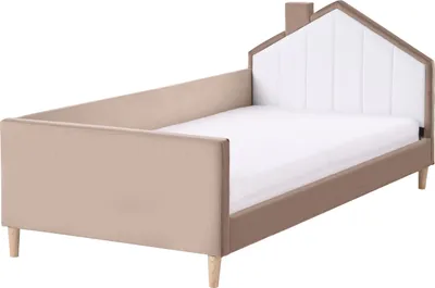 Produktbild von BELIANI Kinderbett Braun Samt mit Lattenrost 90x200 cm Holzbeinen Hohem Kopfteil Hausform Modern Schlafzimmer Ausstattung Möbel Einzelbett Jugendbett