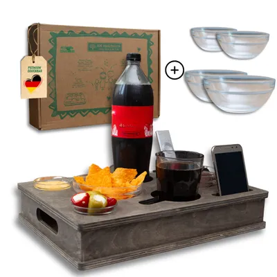 Produktbild von Couchbox mit 4 Glasschalen in Grau | Couchbar Snackbox für Snacks und Getränke | Snackbar für die Couch | Couch Tablett mit Getränkehalter
