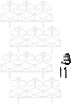 Four white decorative garden edging pieces are arranged vertically on a white background. To the right of the edging pieces are three small accessories: a black stake, a black connector, and a small solar light with a wire.