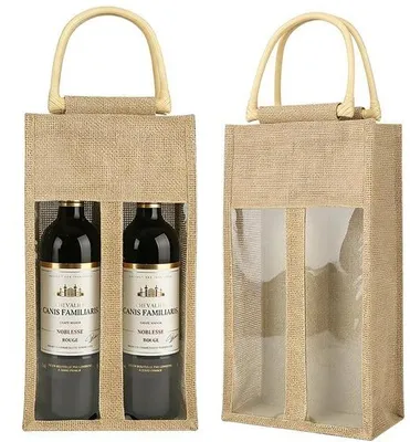 Produktbild von Set aus 2 Jute-Weintransporttaschen – mit Sichtfenster – mit Tragegriff – wiederverwendbar – 17 x 10 x 33 cm – Weintasche
