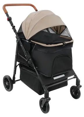 Image de Poussette pliable pour animaux de compagnie - Cage à deux niveaux pour chiens et chats - Jusqu'à 15 kg - Panier de 62x40x37 cm - Acier au carbone et tissu Oxford - Roues avec freins - Marron