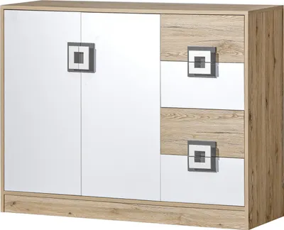 Produktbild von Furniture24 Kommode NICO 08 , Schrank, Mehrzweckschrank, Sideboard mit 2 Türen und 4 Schubkasten Hell Eiche/Weiß/Grau