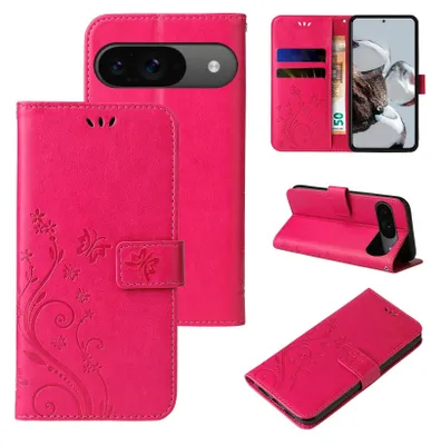 Produktbild von Handyhülle für Google Pixel 9 / 9 Pro Floral Blumen Schmetterling Flip Cover Hülle Case Klapphülle Handytasche Farbe: Pink