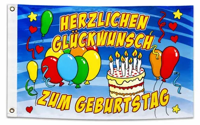 Produktbild von Flagge Herzlichen Glückwunsch zum Geburtstag 0 x 150cm, Stoffgewicht ca. 100 g/m² -Fahne- Hissfahne- Hissflagge - Sturmflagge -zum hissen - keine billige Chinaqualität!