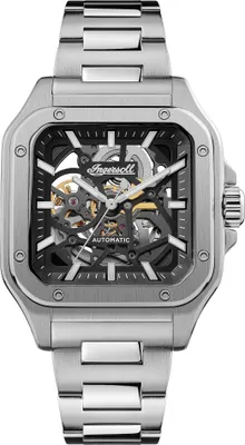 A close-up studio shot of a men's automatic watch with a skeleton dial.
