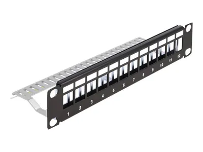 Produktbild von DeLOCK 10″ Keystone Patchpanel 12 Port mit Entlastungsschiene 1 HE schwarz, Schwarz, Metall, 1U, 254 mm, 72 mm, 44 mm