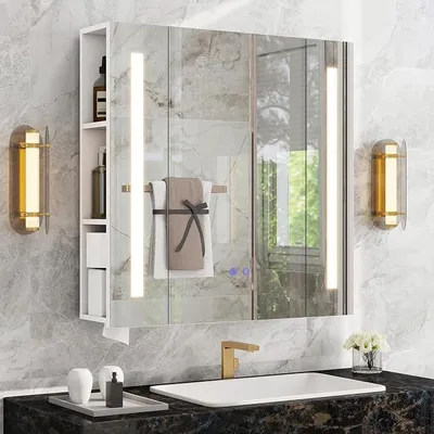 Image de Armoire de salle de bain avec éclairage LED, dimensions 70x16x70 cm. Armoire miroir pour salle de bain avec étagère et porte, sans buée, 3 couleurs réglables, armoire de salle de bain avec miroir LED, miroir de salle de bain suspendu, en bois, de couleur blanche