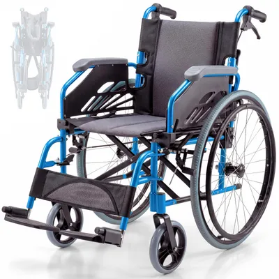 Produktbild von Rollstuhl Faltbar Aluminium Klappbarer Rollstuhl Leicht Manuell Mit Bremsen Klappbare und geteilte Rückenlehne Faltrollstuhl Blau Bolonia Mobiclinic