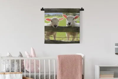 Produktbild von MuchoWow® Wandteppich Wandbehang Schaf - Holz - Lamm 60x60 cm Tapisserie Dekoration Wandtuch - Dekorationen - Wand Decke