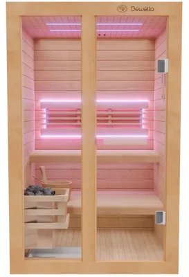 Produktbild von Dewello Finnische Sauna TOFINO 120x140 Kabine aus Hemlock Tannenholz mit 3,5 kW Harvia Ofen, inkl Sauna Set