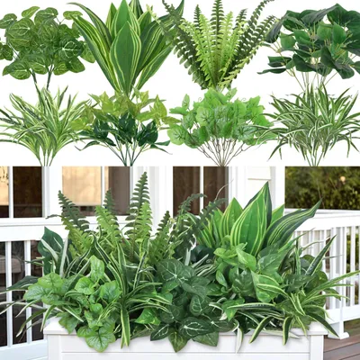 Productafbeelding van Realistische kunstplanten, 18 stuks, geschikt voor buiten, weerbestendig, UV-bestendig, varens, groene bladeren, kunstplanten voor balkon, tuin, raamdecoratie