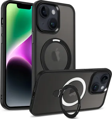 A black iPhone 14 Plus case with a magnetic ring for MagSafe charging is shown from multiple angles against a white background.