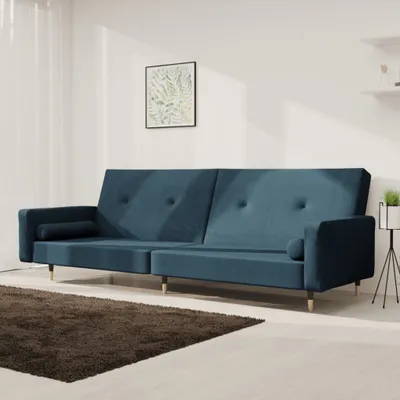 Produktbild von Design Schlafsofa 2-Sitzer mit 2 Kissen Blau Samt, Schlafsofas 2024 Neu