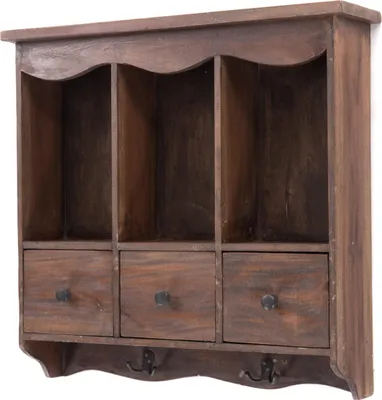 A wooden wall shelf with three cubbies and three drawers.
