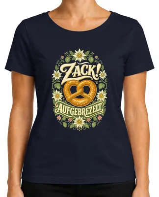Produktbild von Zack! Aufgebrezelt Brezel Edelweiß Tracht Trachtenshirt Lederhose Damen T-Shirt, Navy, XL