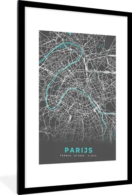 Produktbild von MuchoWow® Gerahmtes Poster Paris - Blau - Karte - Stadtplan 60x90 cm - Poster mit Schwarzem Bilderrahmen Wandposter Rahmen Foto Bilder - Dekoration - Wandposter Wohnzimmer - Hochwertig